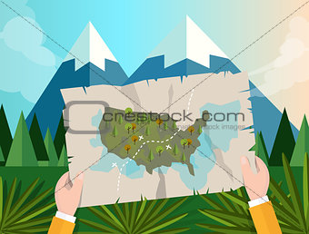 hand holding map america tracking hunting in forest mountain tree vector graphic illustration cartoon jungle sunset
