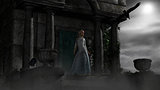 Elf woman in old spooky mausoleum in moonlight