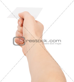 Womans hand giving small empty paper
