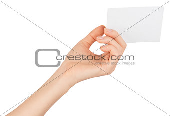 Womans left hand offering small empty card