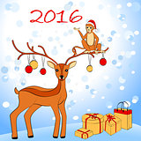2016 New Year card with monkey and deer