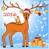 2016 New Year card with monkey and deer