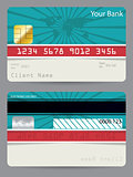 Credit card in turquoise and red with bursting world map