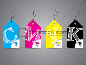 Cmyk labels with paint and scribbled text
