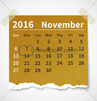 Calendar november 2016 colorful torn paper
