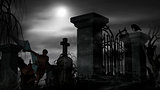 Vampire at a graveyard on a foggy night with full moon
