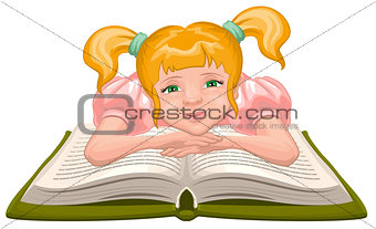 Girl reading book. Child sits in front of an open book