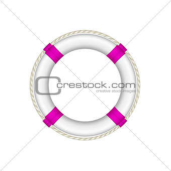 Life buoy in white and purple design with rope around