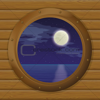 Night sea in a ship window