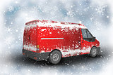 Christmas delivery van on a sparkly background with snowflakes