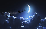 Santa and his sleigh flying in a moonlit sky