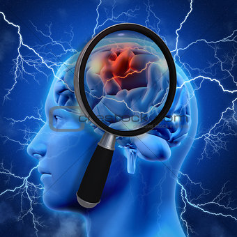 3D medical background with magnifying glass examining brain