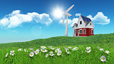 3D render of daisies in grass with house and wind turbine n dist