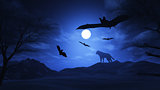 Spooky landscape with wolf and bats
