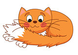 Cartoon plump red cat with kind muzzle, stretching and lying