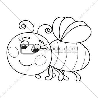 Cute funny ruddy bee flying, coloring book page