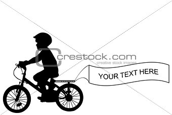 Kid riding a bike and holding a banner with place for sample tex
