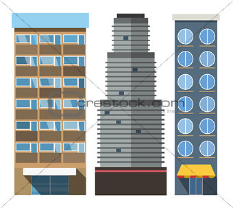 Vector buildings set skyscrapers, small house isolated on white background