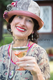 1920s Dressed Girl With Glass of Wine Portrait