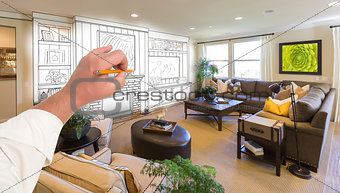 Male Hand Drawing Entertainment Center Over Photo of Home Interi