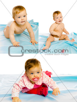 set of three photos. baby girl on a blue blanket. Studio