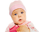 baby girl in a pink dress and hat. Portrait. Studio. Isolated.