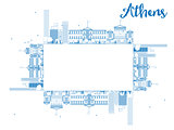 Outline Athens Skyline with Blue Buildings and copy space