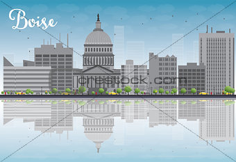 Boise Skyline with Grey Building, Blue Sky and reflections