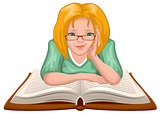 Woman reading book. Young woman in glasses placed his hands on an open book