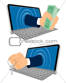 Laptop and hand with keys and money