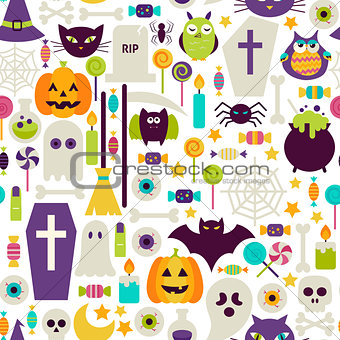 Flat Halloween Holiday Objects Seamless Pattern