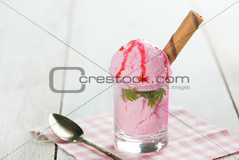 Pink ice cream in glass