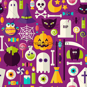 Flat Purple Halloween Trick or Treat Objects Seamless Pattern