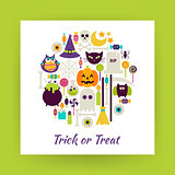 Flat Style Circle Vector Set of Halloween Trick or Treat Objects
