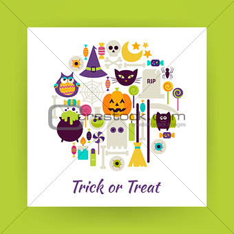 Flat Style Circle Vector Set of Halloween Trick or Treat Objects