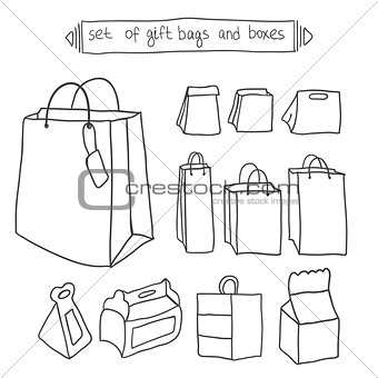 Set of gift bags and boxes