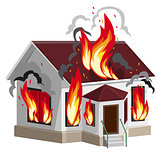 White stone house burns. Property insurance against fire. Home insurance