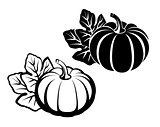 Pumpkins with leaves. Vector black silhouette.