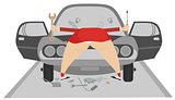 Women repairs a car