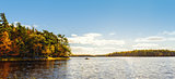 Panorama of Kejimkujik lake in fall from Jeremy Bay Campground