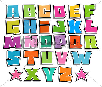 graffiti color fonts alphabet with shadow on white
