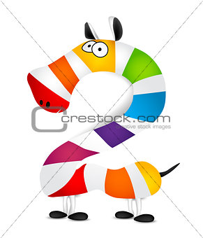 Number two. Made of colorful animal cartoon rainbow zebra. Vector