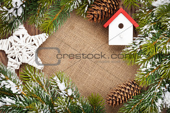 Christmas decor and snow fir tree background