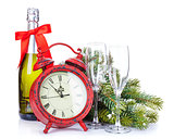 Champagne, christmas clock and fir tree