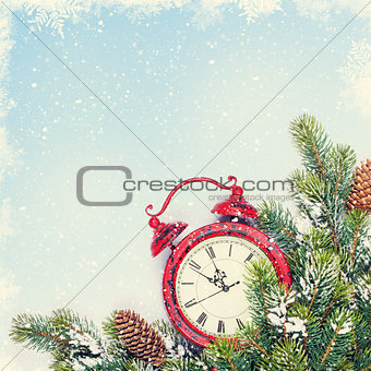 Christmas background with clock and branch