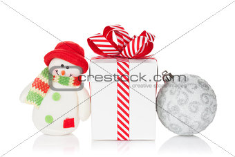 Christmas gift box, bauble and snowman toy