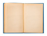 Vintage open book with a blue cover on a white background