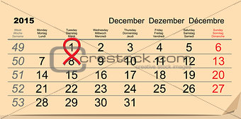 December 1, 2015 World AIDS Day. Red ribbon symbol. Calendar date reminder