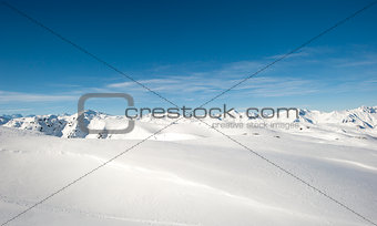 Panoramic view over a snowy mountain range