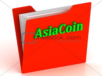 AsiaCoin- bright green letters on a gold folder 